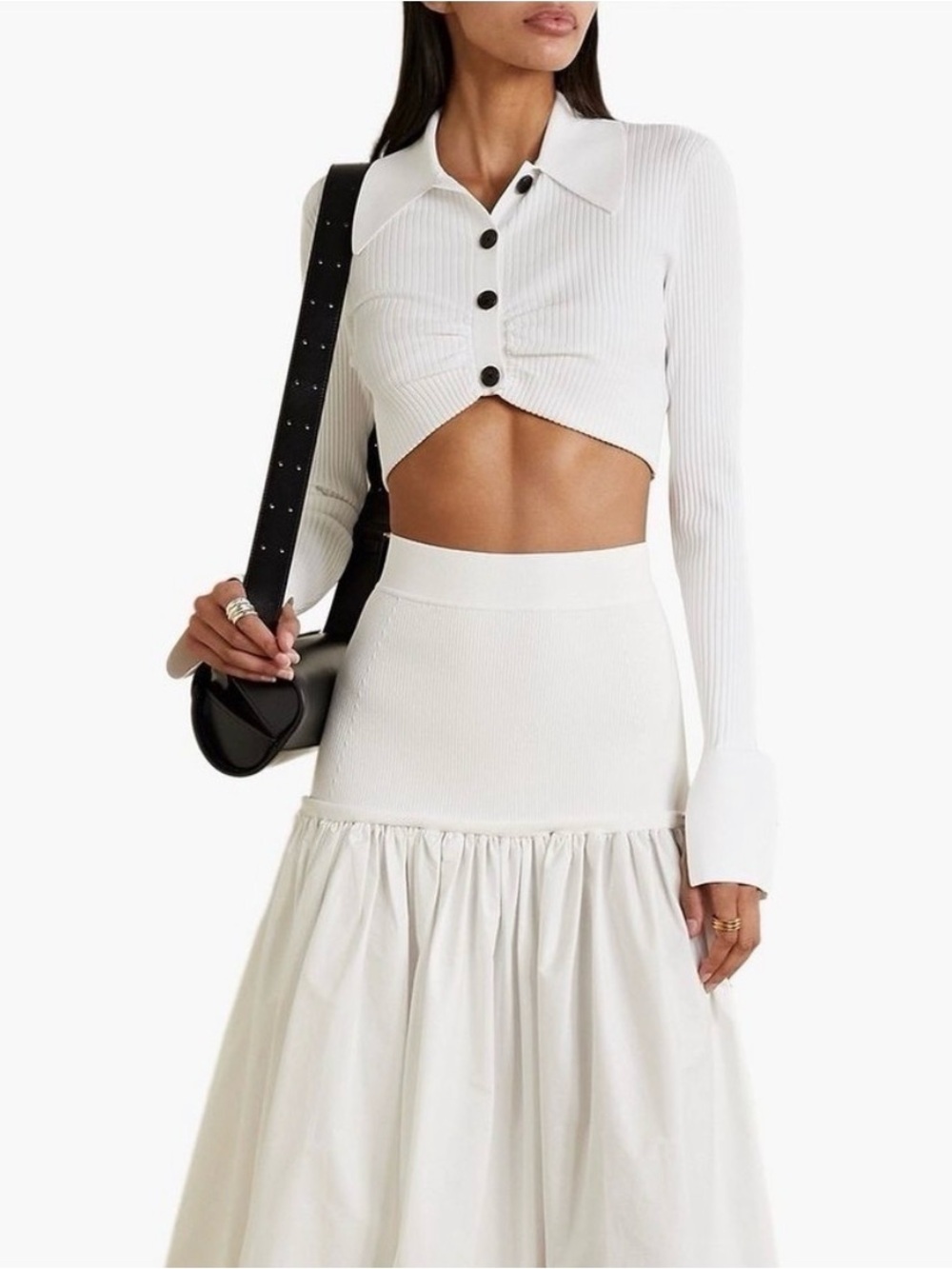 A.L.C. Ashlyn Cropped Gathered Bust Ribbed Knit Top Stretch White Flared Lg